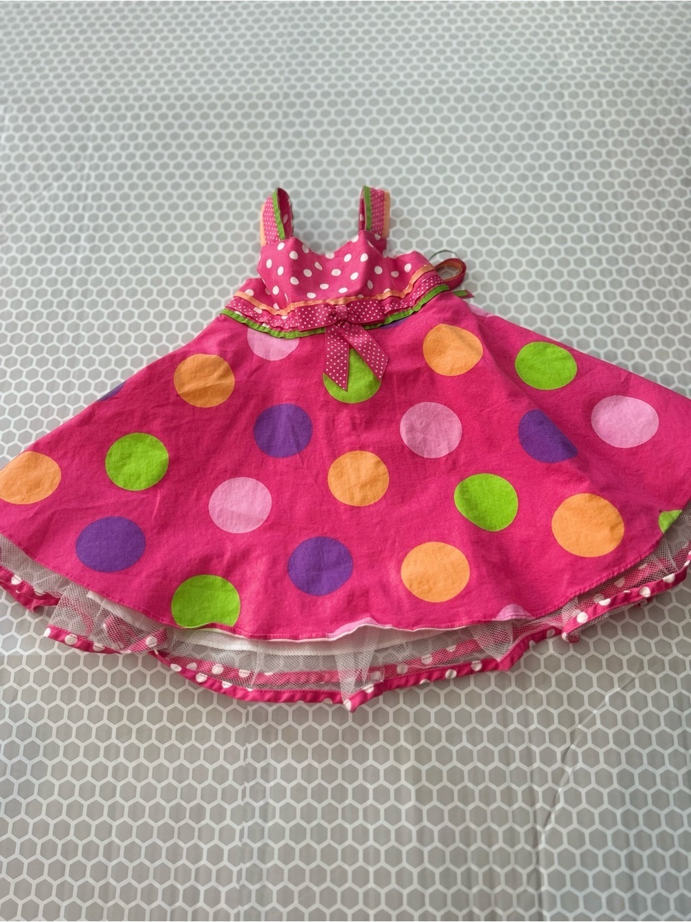 Rare Editions Hot Pink Polka Dot Dress with Lime Trim and Petticoat Size 18M